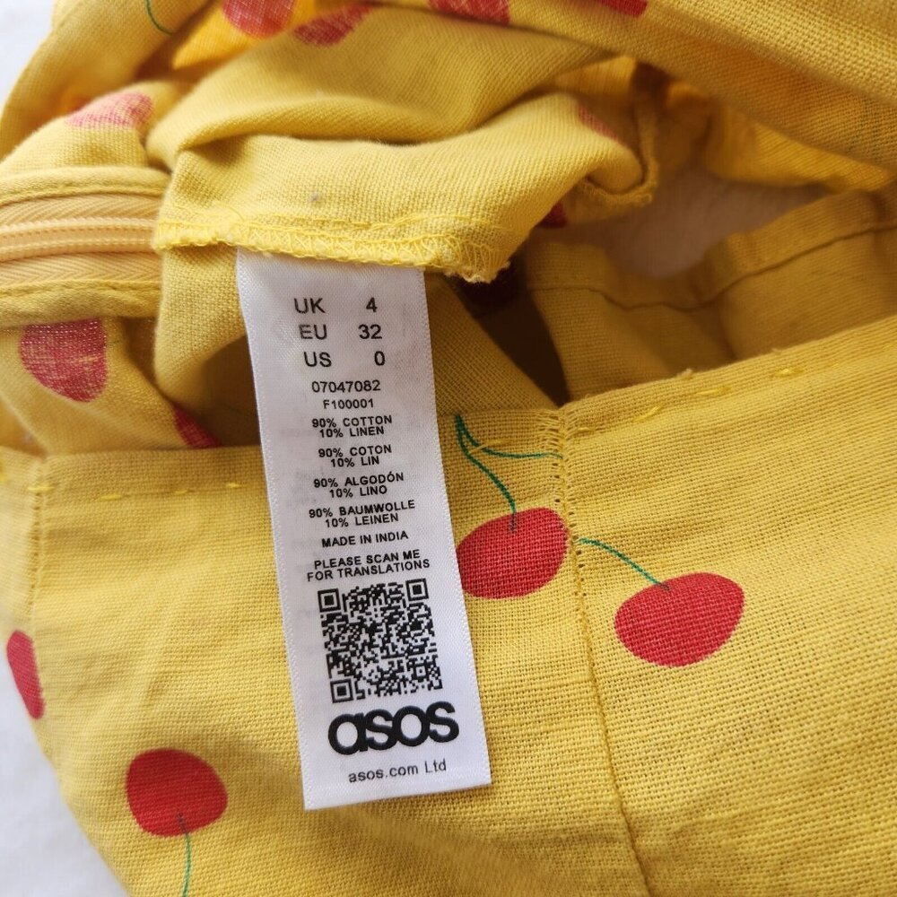 ASOS Cherry Linen Two Piece Set Size 0 Yellow Red Crop Top Shorts Ruffle Boho - Picture 7 of 16